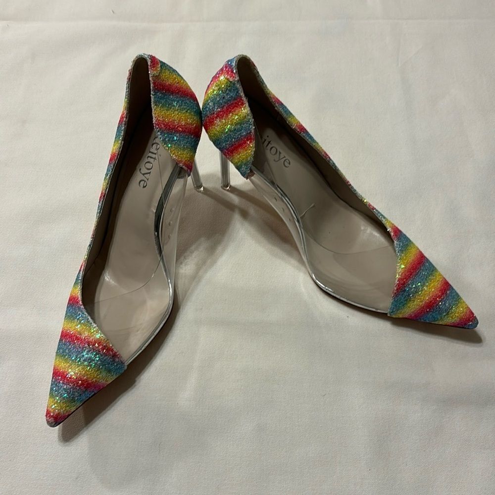 Reitoye Size 9 metallic rainbow colors sparkle metallic pointy toe heels